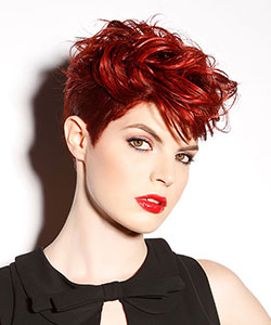 short haircut in hot red color styled with wavy top