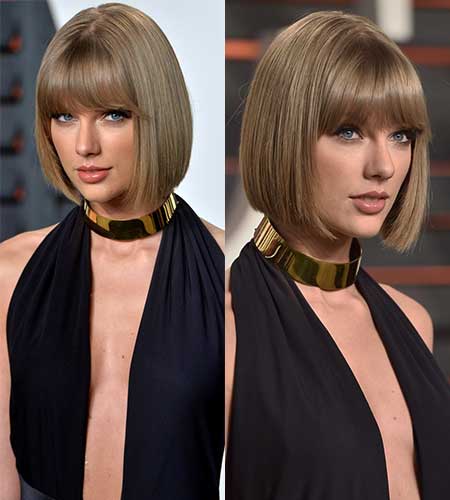 taylor swift with smooth sleek bob and full bangs